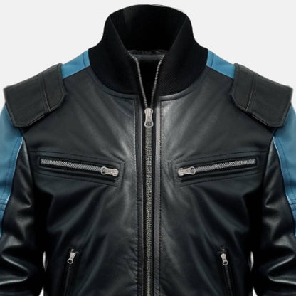 Men's Black and Blue Two-Tone Leather Bomber Jacket, close-up of collar and zip