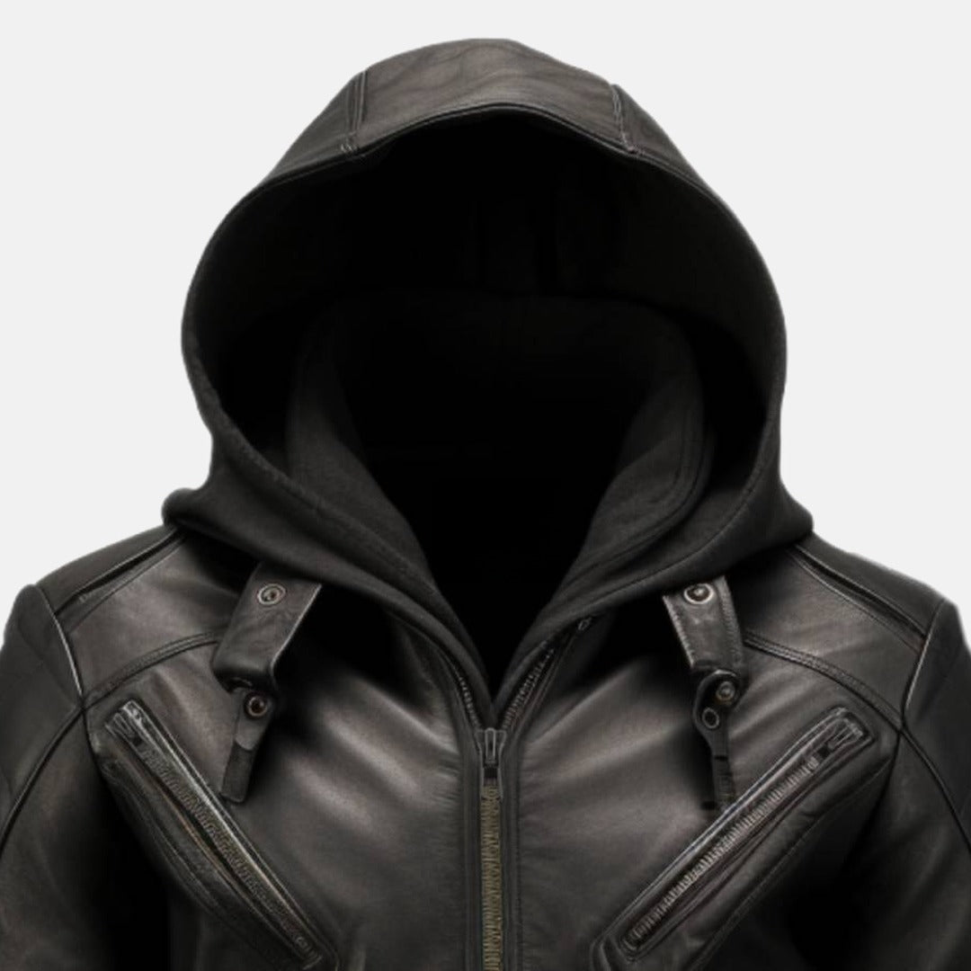 Men's Black Leather Hooded Bomber Jacket with Zip Cuffs, close-up of collar and zip