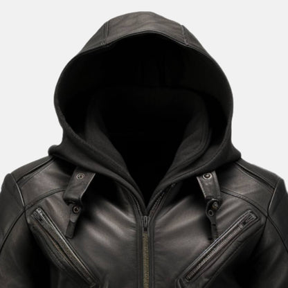 Men's Black Leather Hooded Bomber Jacket with Zip Cuffs, close-up of collar and zip