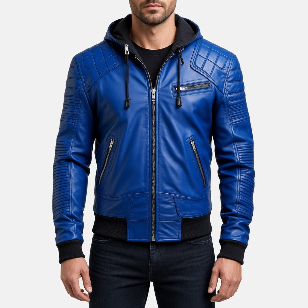 Men's Blue Leather Hooded Bomber Jacket, front view on model