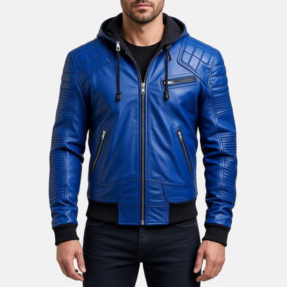 Men's Blue Leather Hooded Bomber Jacket, front view on model