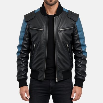 Men's Black and Blue Two-Tone Leather Bomber Jacket, front view on model