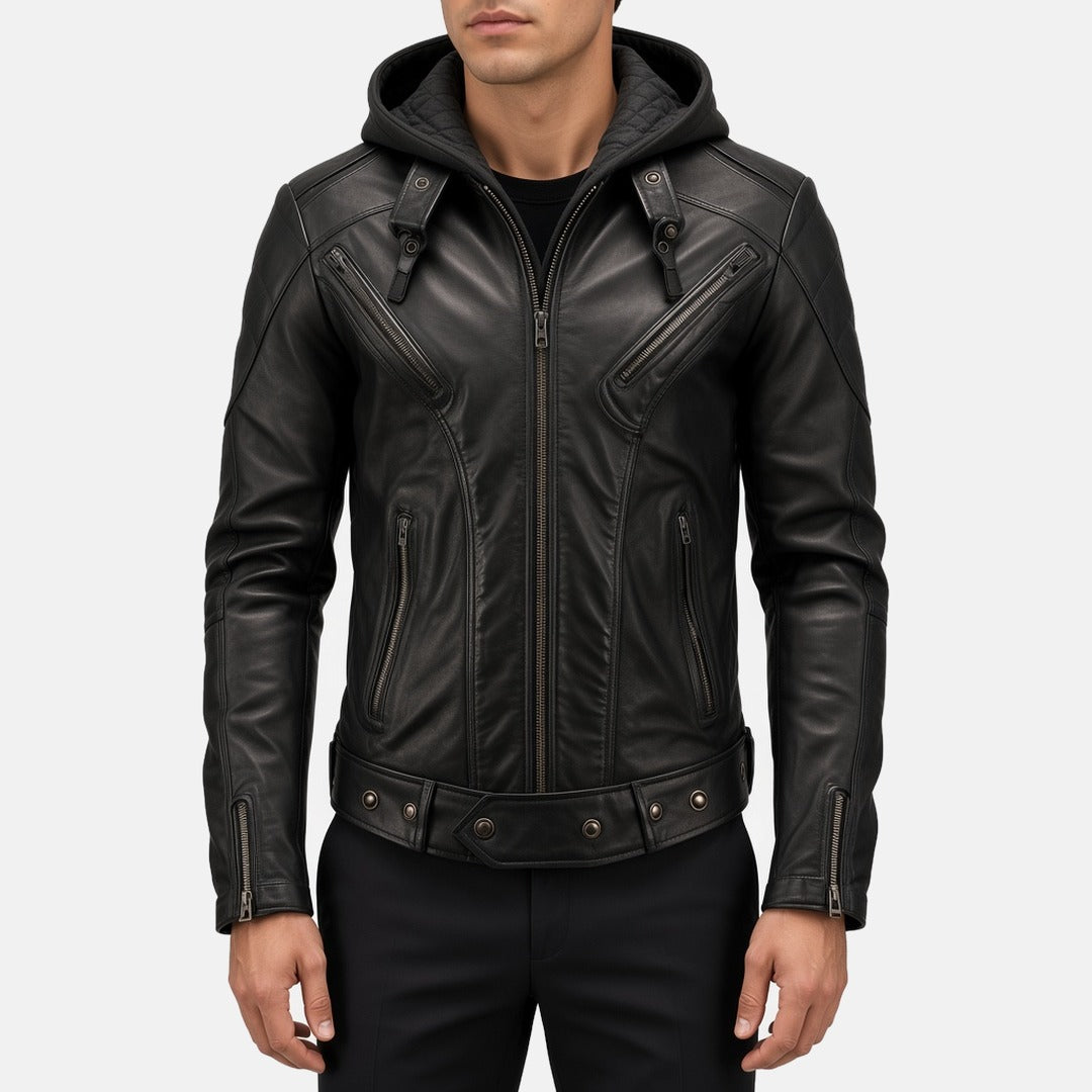 Men's Black Leather Hooded Bomber Jacket with Zip Cuffs, front view on model