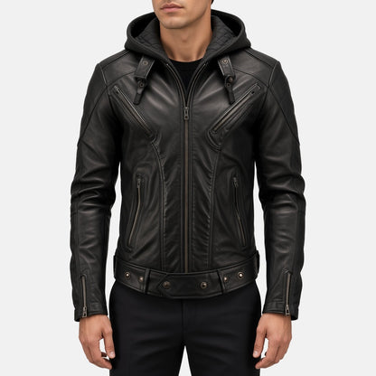 Men's Black Leather Hooded Bomber Jacket with Zip Cuffs, front view on model