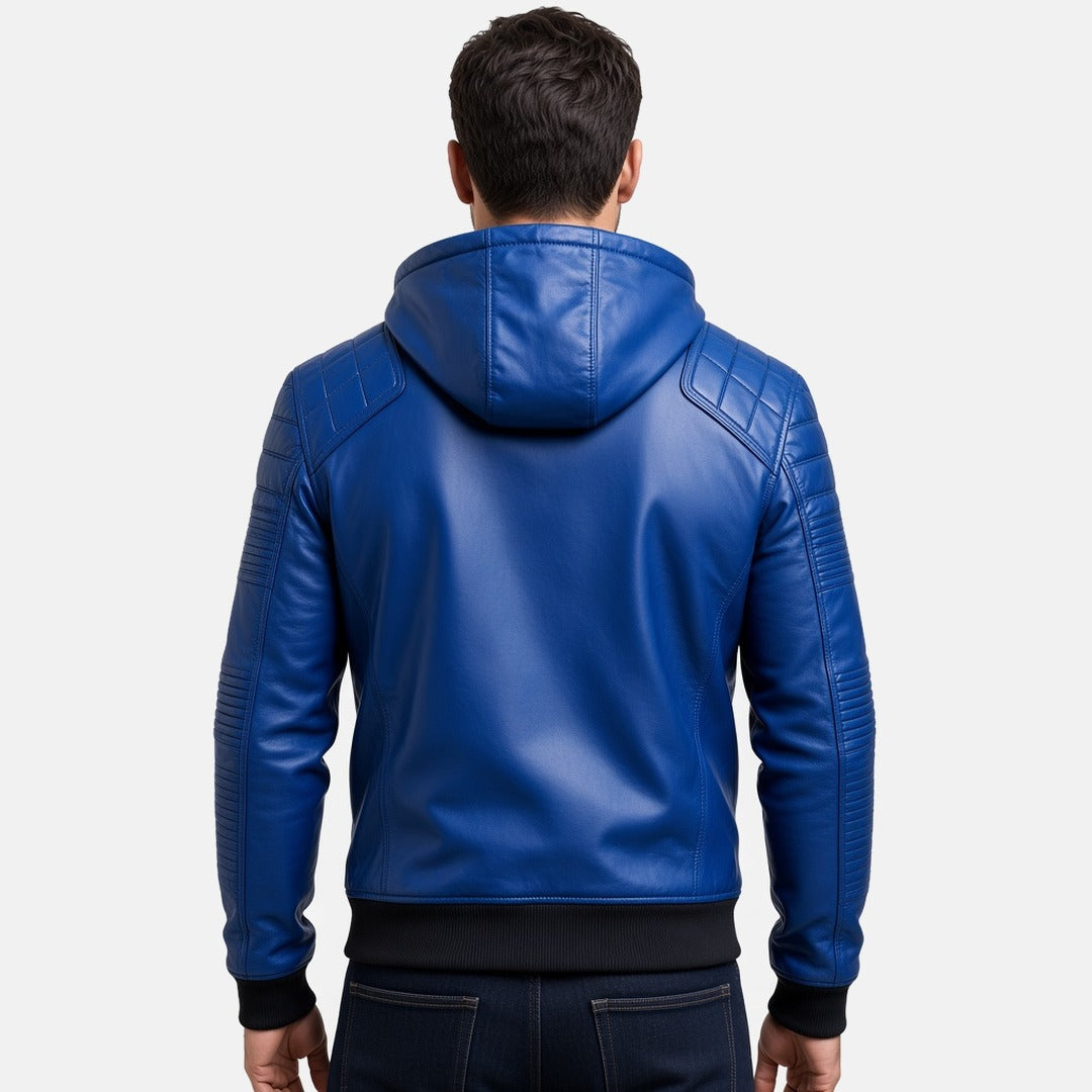 Men's Blue Leather Hooded Bomber Jacket, back view on model