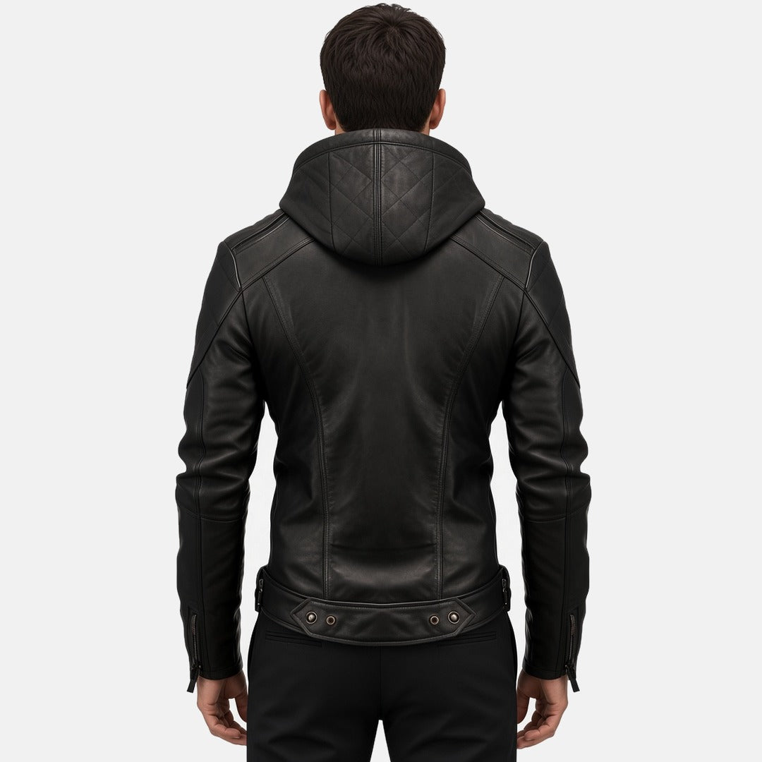 Men's Black Leather Hooded Bomber Jacket with Zip Cuffs, back view on model
