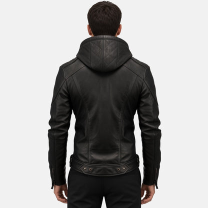 Men's Black Leather Hooded Bomber Jacket with Zip Cuffs, back view on model