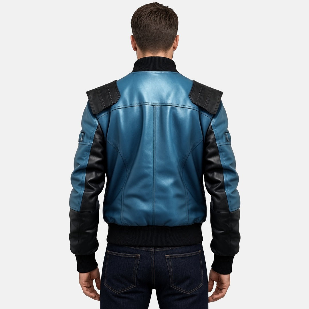 Men's Black and Blue Two-Tone Leather Bomber Jacket, back view on model