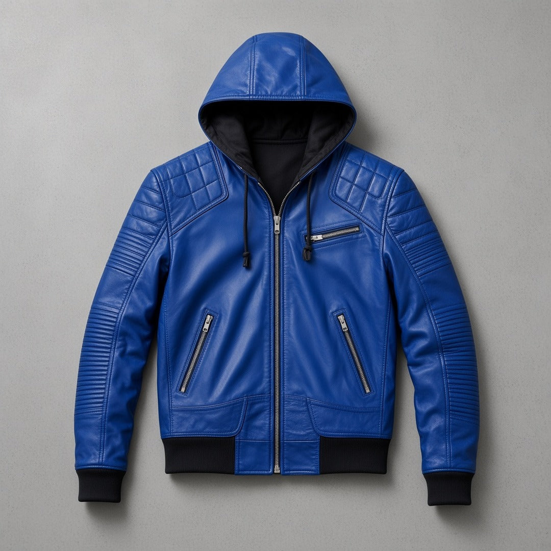 Men's Blue Leather Hooded Bomber Jacket, flat lay