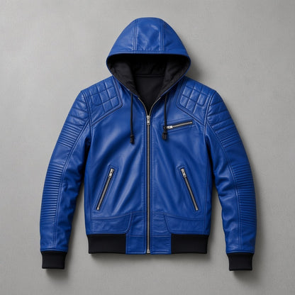 Men's Blue Leather Hooded Bomber Jacket, flat lay