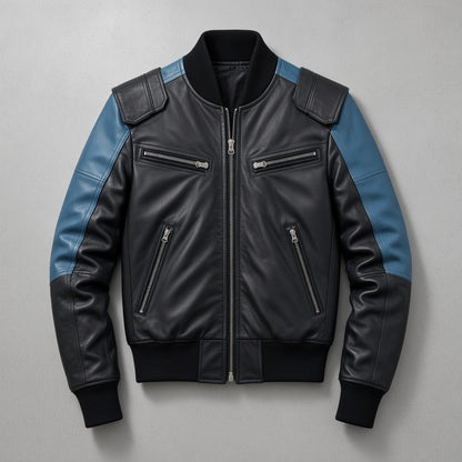 Men's Black and Blue Two-Tone Leather Bomber Jacket, flat lay