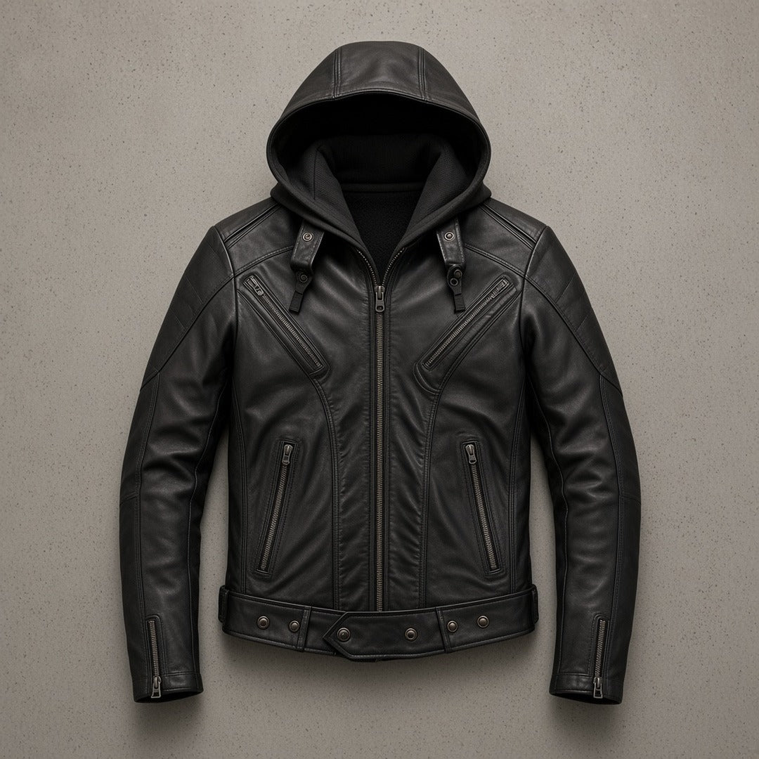Men's Black Leather Hooded Bomber Jacket with Zip Cuffs, flat lay
