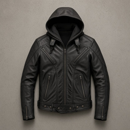 Men's Black Leather Hooded Bomber Jacket with Zip Cuffs, flat lay