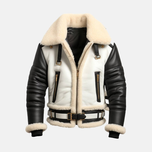 Men's Black and White Leather B3 Shearling-Style Bomber Jacket with Faux Fur Lining, front view