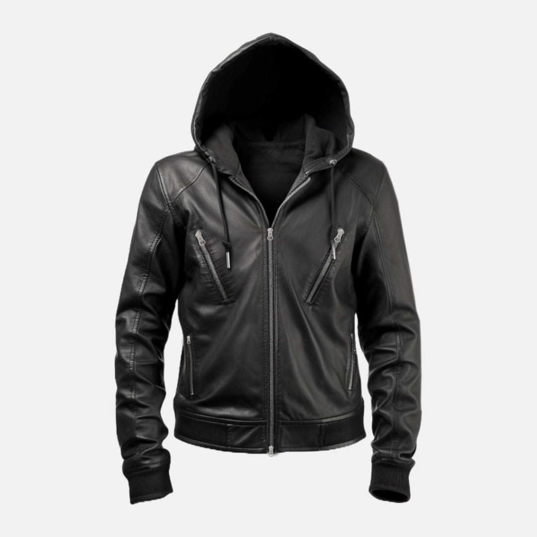 Men's Black Leather Hooded Bomber Jacket with Ribbed Cuffs, front view