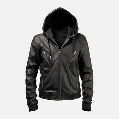 Men's Black Leather Hooded Bomber Jacket with Ribbed Cuffs, front view