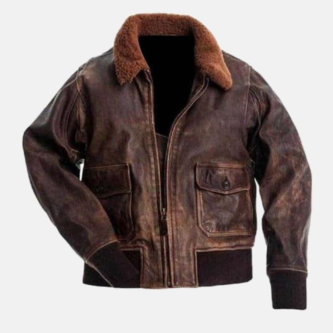 Men's Distressed Brown Leather G1 Flight Bomber Jacket with Faux Fur Collar, front view