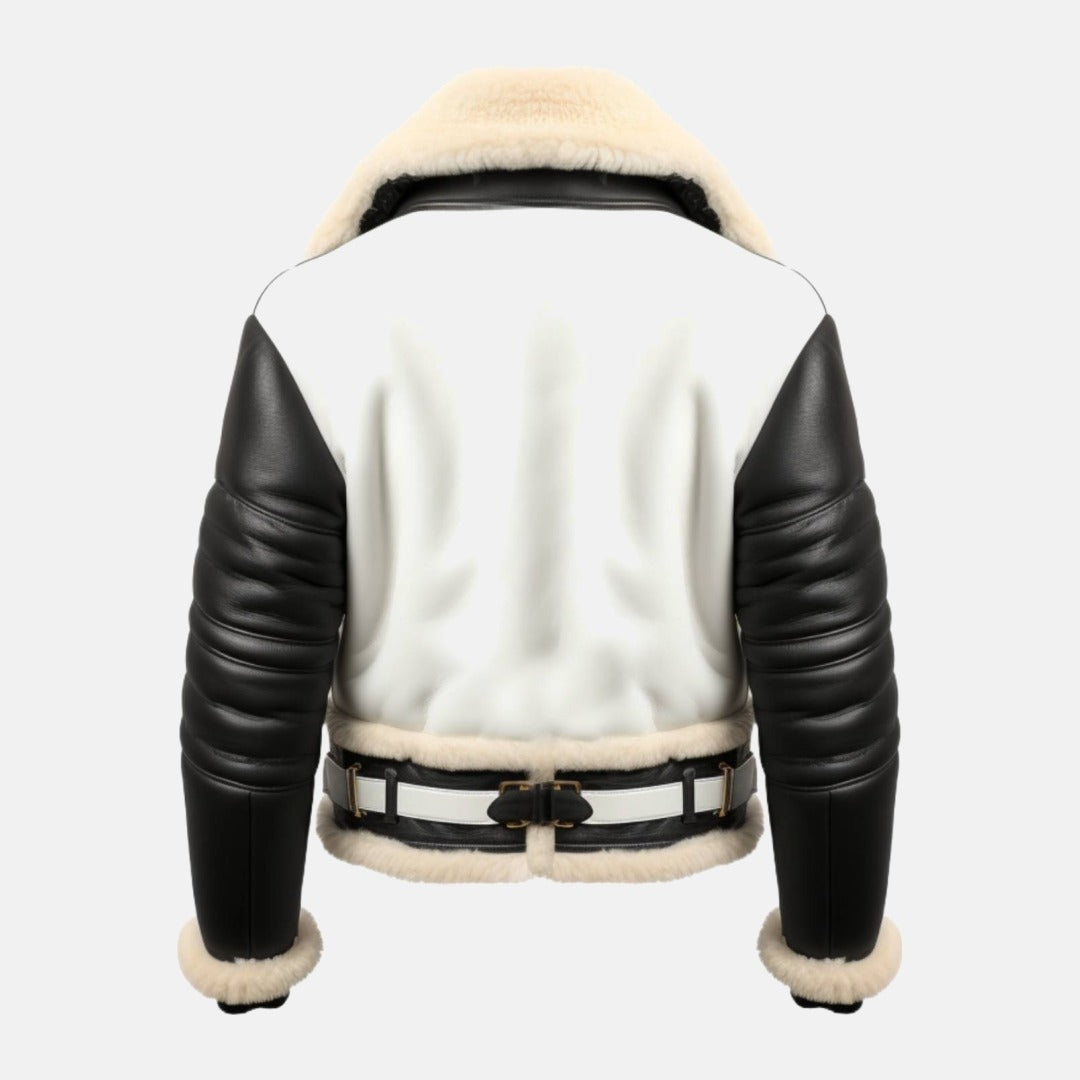 Men's Black and White Leather B3 Shearling-Style Bomber Jacket with Faux Fur Lining, back view
