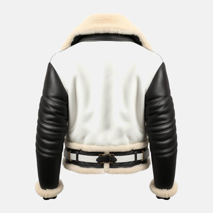 Men's Black and White Leather B3 Shearling-Style Bomber Jacket with Faux Fur Lining, back view