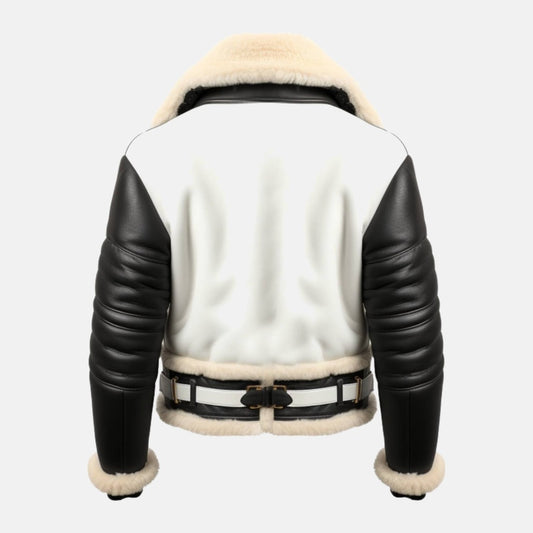 Men's Black and White Leather B3 Shearling-Style Bomber Jacket with Faux Fur Lining, back view