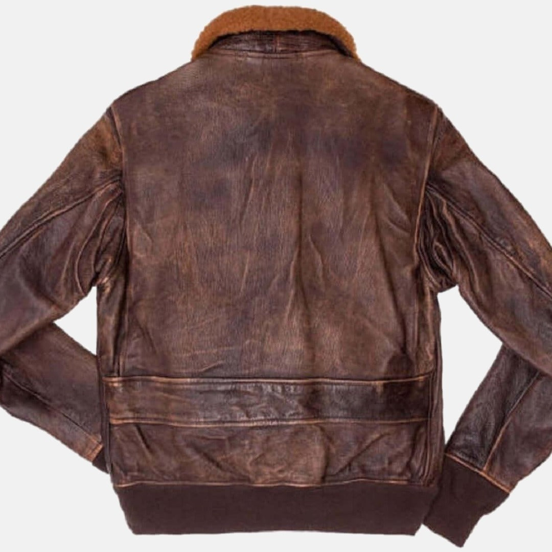Men's Distressed Brown Leather G1 Flight Bomber Jacket with Faux Fur Collar, back view