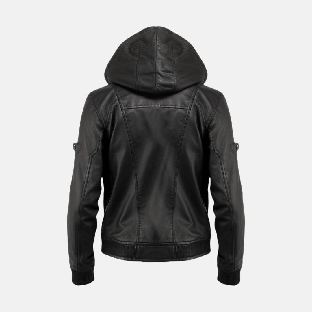 Men's Black Leather Hooded Bomber Jacket with Ribbed Cuffs, back view