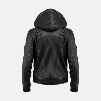 Men's Black Leather Hooded Bomber Jacket with Ribbed Cuffs, back view