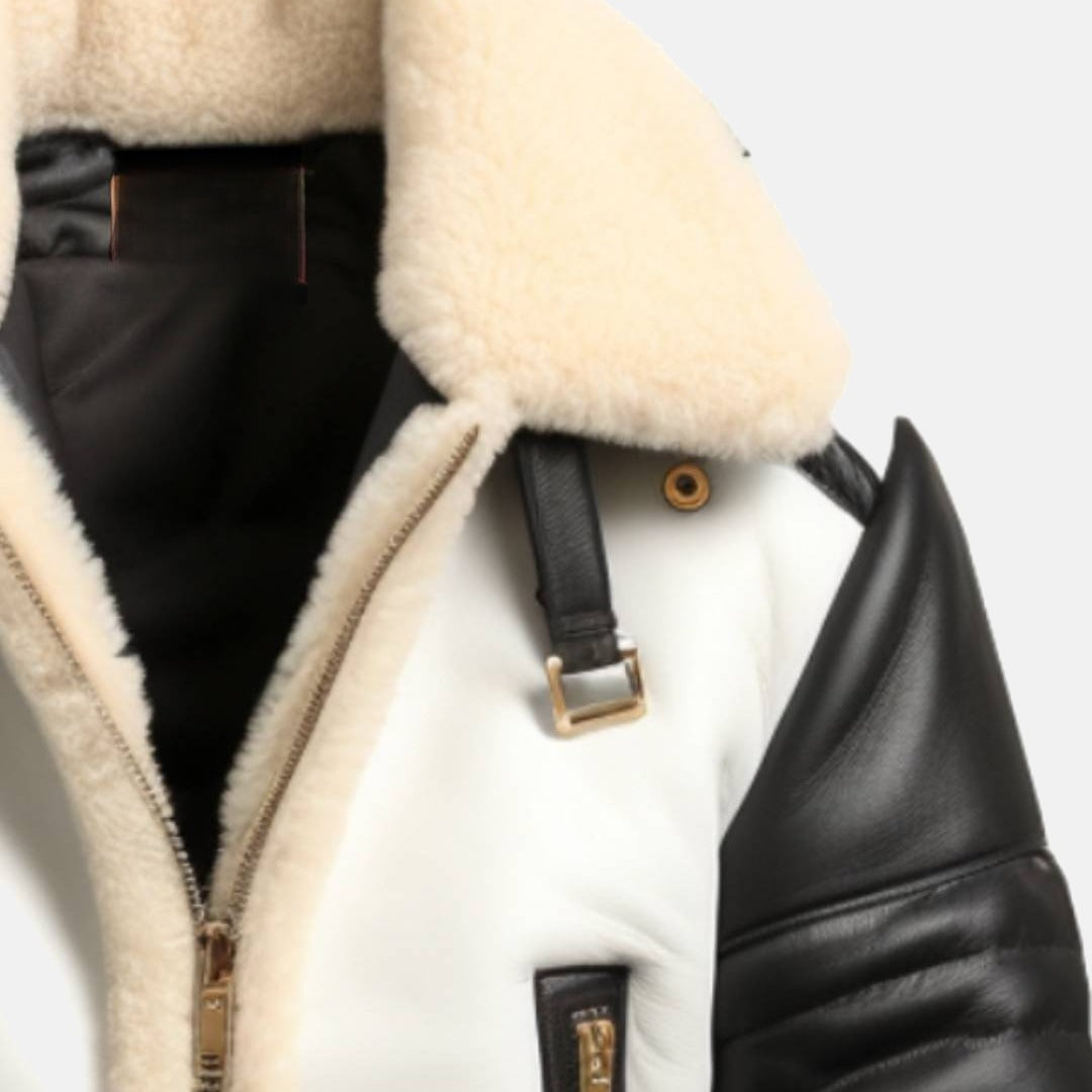 Men's Black and White Leather B3 Shearling-Style Bomber Jacket with Faux Fur Lining, close-up of collar and zip