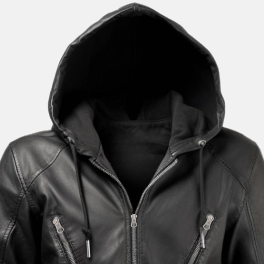 Men's Black Leather Hooded Bomber Jacket with Ribbed Cuffs, close-up of collar and zip