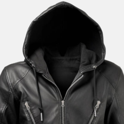 Men's Black Leather Hooded Bomber Jacket with Ribbed Cuffs, close-up of collar and zip