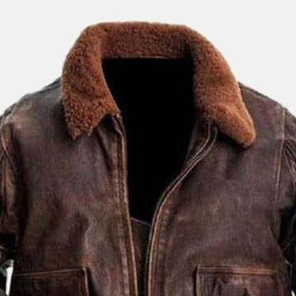 Men's Distressed Brown Leather G1 Flight Bomber Jacket with Faux Fur Collar, close-up of collar and zip
