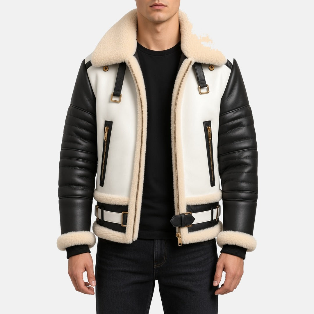 Men's Black and White Leather B3 Shearling-Style Bomber Jacket with Faux Fur Lining, front view on model