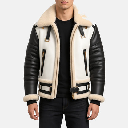 Men's Black and White Leather B3 Shearling-Style Bomber Jacket with Faux Fur Lining, front view on model