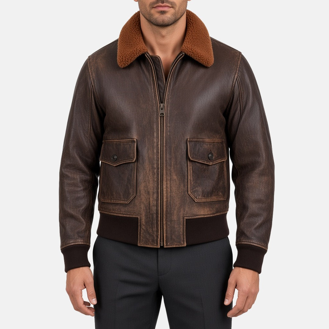 Men's Distressed Brown Leather G1 Flight Bomber Jacket with Faux Fur Collar, front view on model
