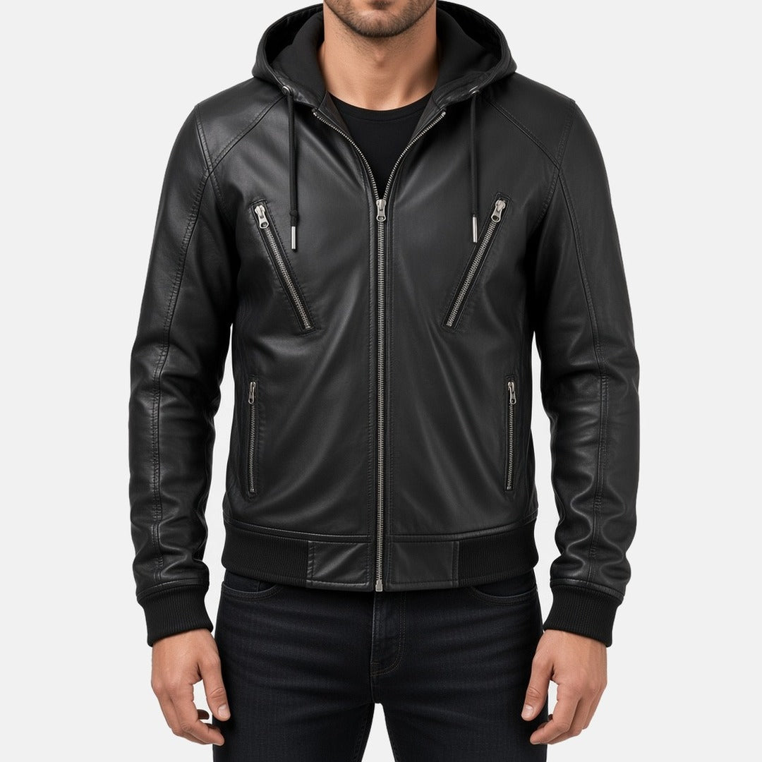 Men's Black Leather Hooded Bomber Jacket with Ribbed Cuffs, front view on model