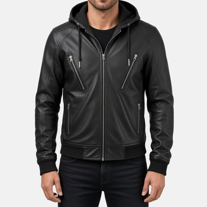 Men's Black Leather Hooded Bomber Jacket with Ribbed Cuffs, front view on model