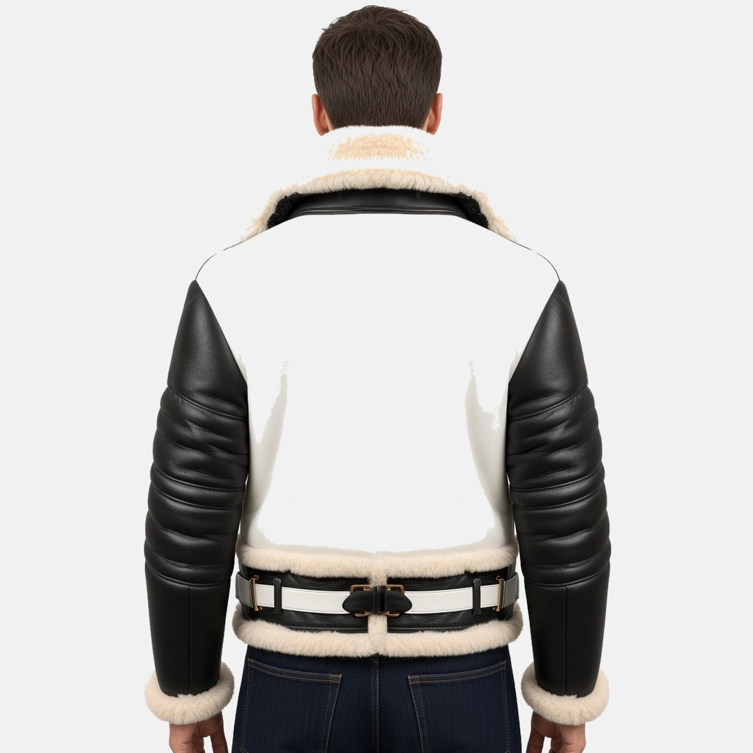 Men's Black and White Leather B3 Shearling-Style Bomber Jacket with Faux Fur Lining, back view on model
