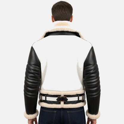 Men's Black and White Leather B3 Shearling-Style Bomber Jacket with Faux Fur Lining, back view on model