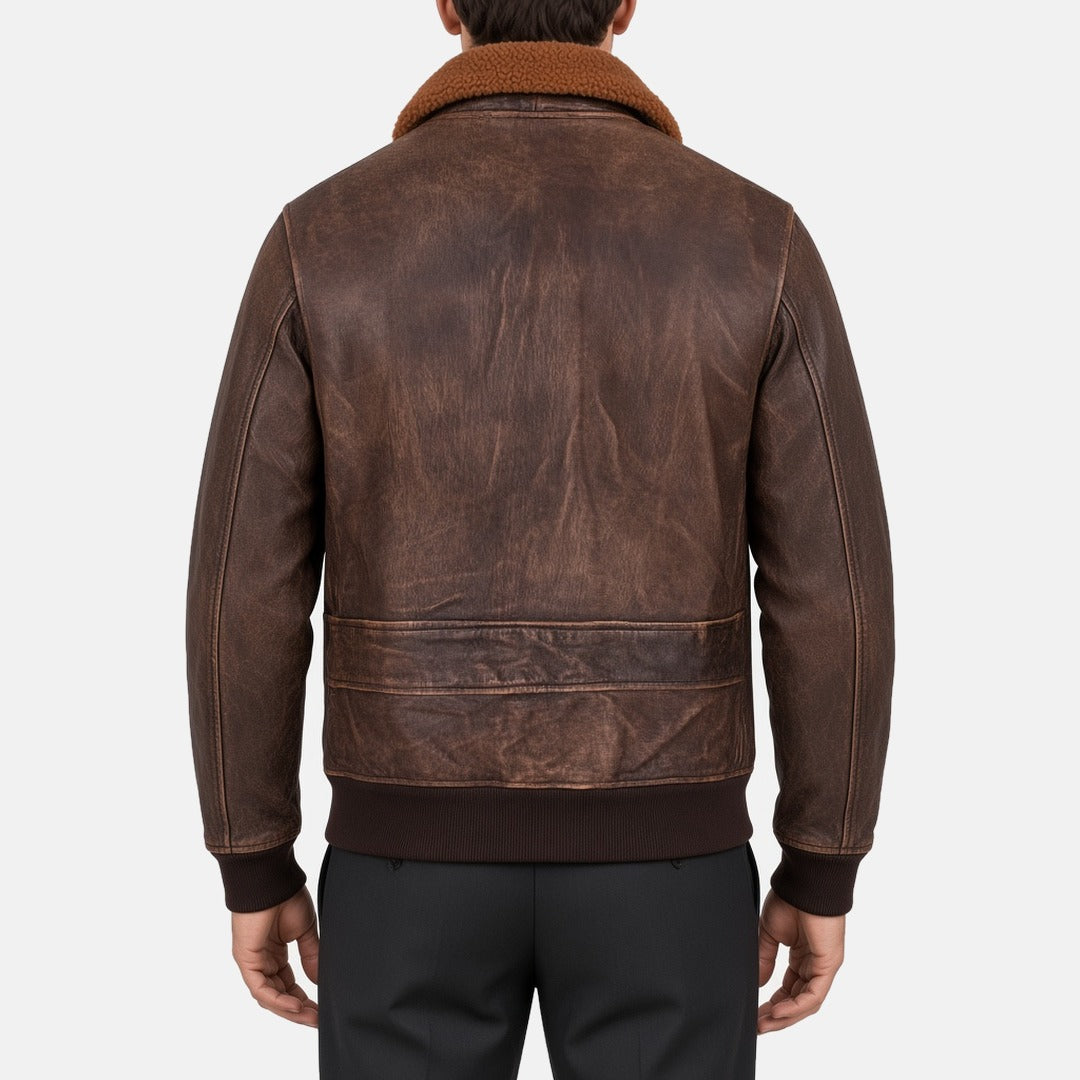Men's Distressed Brown Leather G1 Flight Bomber Jacket with Faux Fur Collar, back view on model