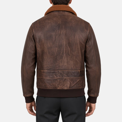 Men's Distressed Brown Leather G1 Flight Bomber Jacket with Faux Fur Collar, back view on model