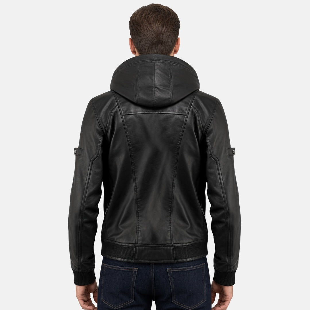 Men's Black Leather Hooded Bomber Jacket with Ribbed Cuffs, back view on model