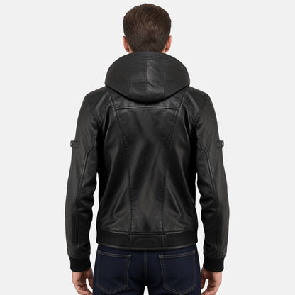 Men's Black Leather Hooded Bomber Jacket with Ribbed Cuffs, back view on model