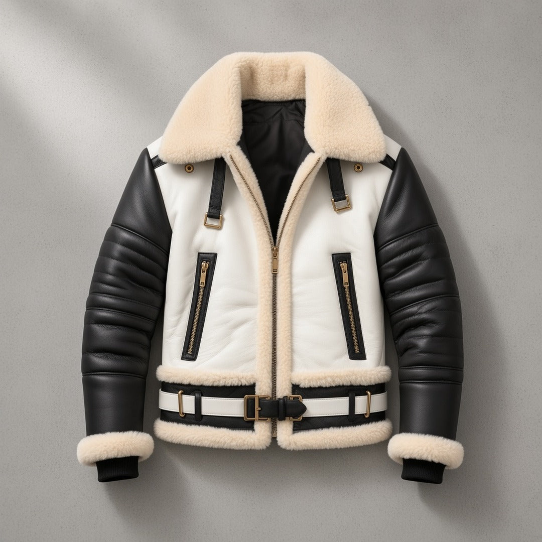 Men's Black and White Leather B3 Shearling-Style Bomber Jacket with Faux Fur Lining, flat lay
