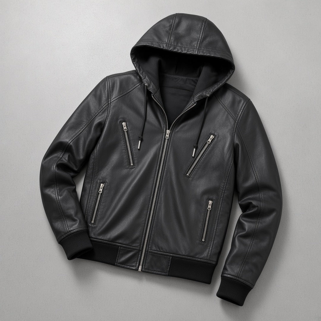 Men's Black Leather Hooded Bomber Jacket with Ribbed Cuffs, flat lay