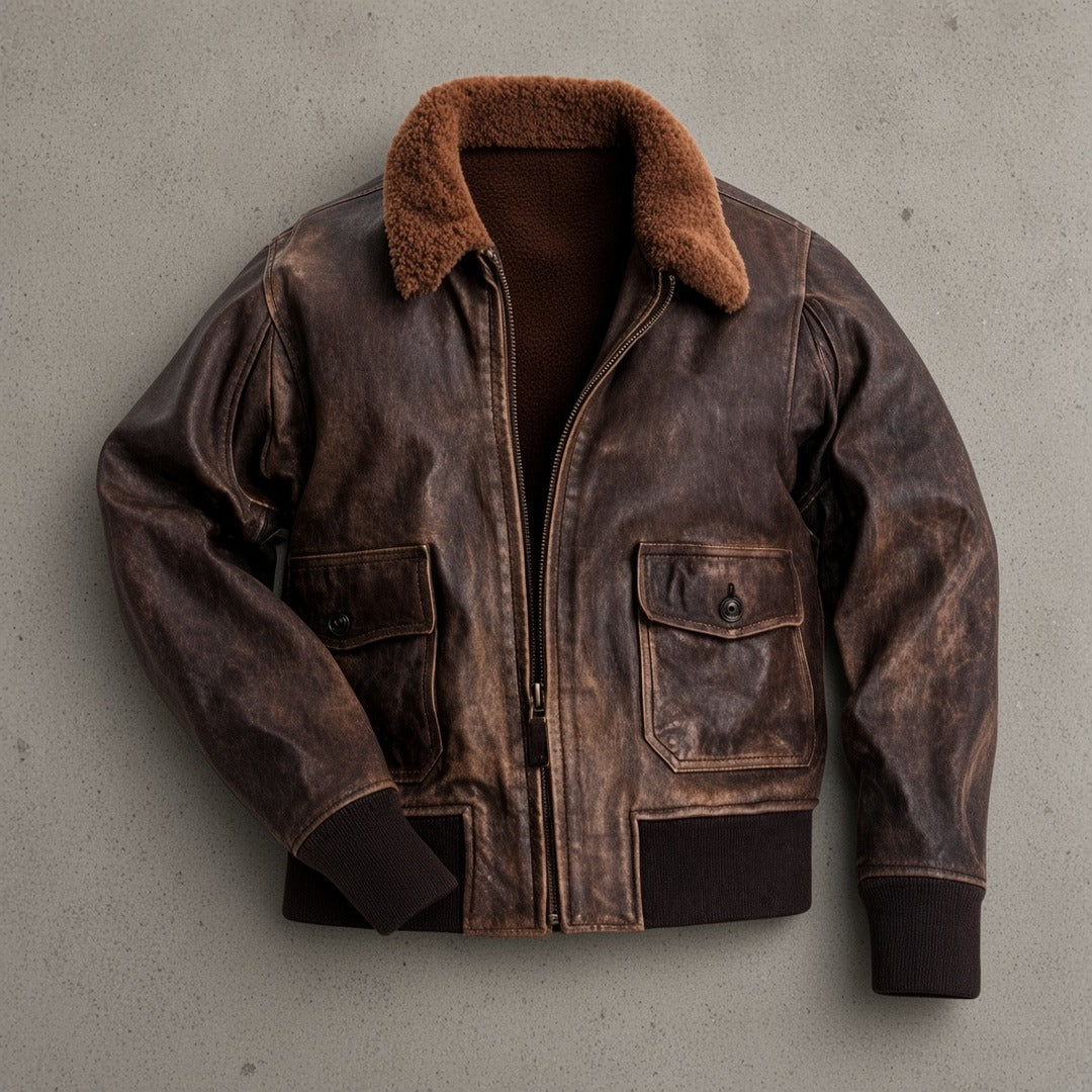 Men's Distressed Brown Leather G1 Flight Bomber Jacket with Faux Fur Collar, flat lay
