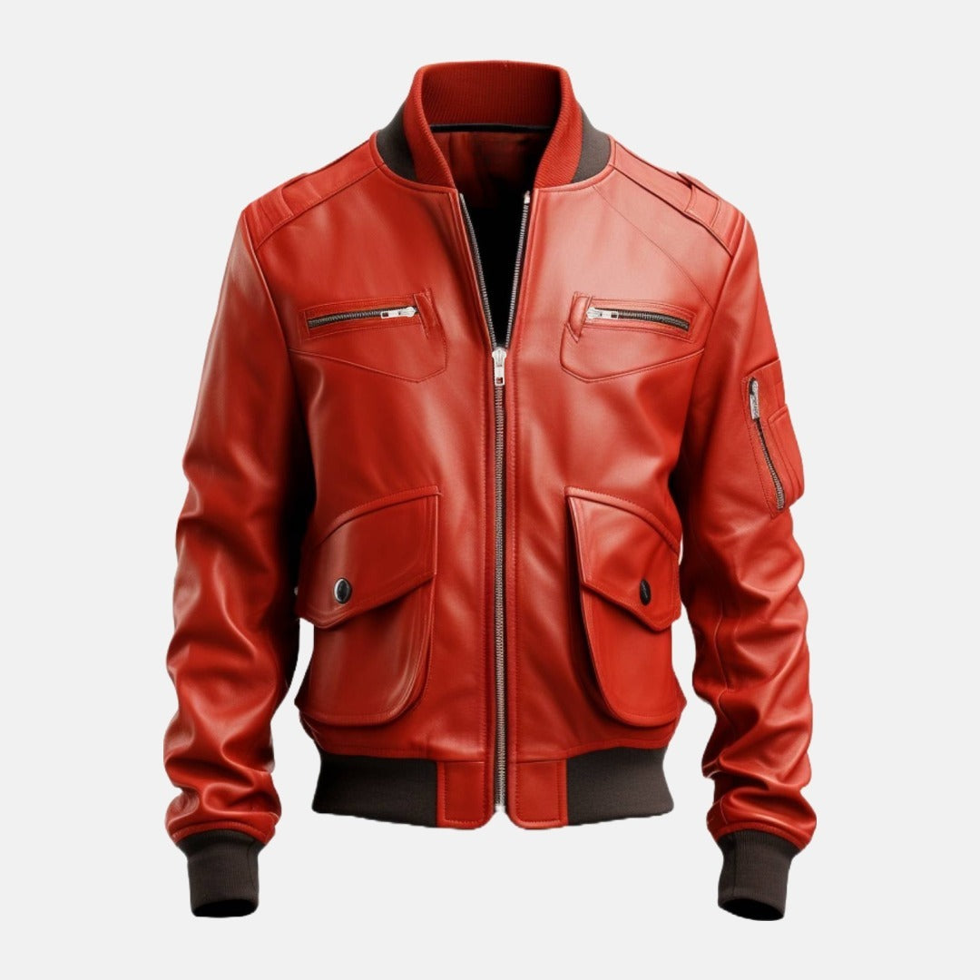 Men's Red Leather Bomber Jacket with Flap Pockets, front view