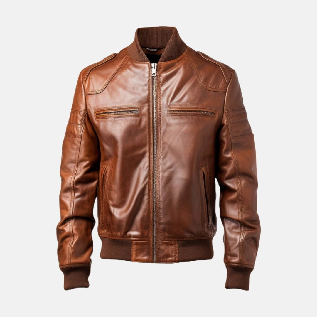 Men's Vintage Brown Leather Bomber Jacket with Ribbed Collar, front view