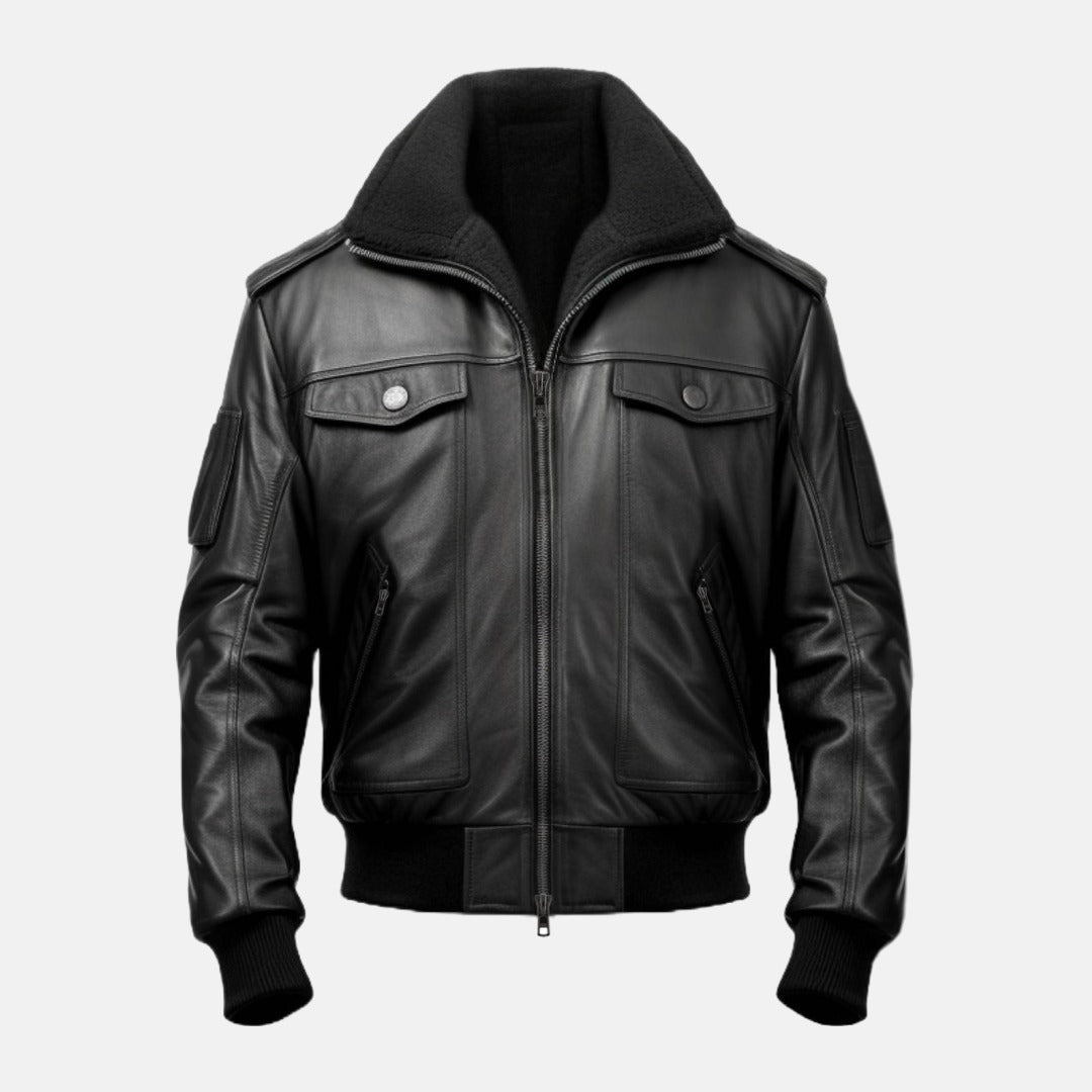 Men's Black Leather Bomber Jacket with Fur-Look Collar, front view