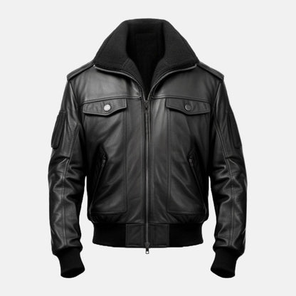 Men's Black Leather Bomber Jacket with Fur-Look Collar, front view