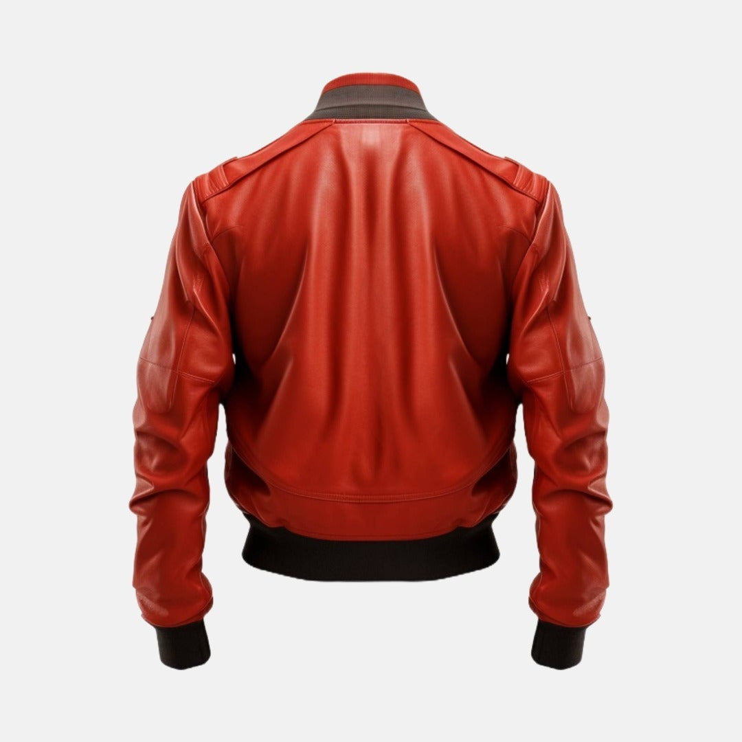 Men's Red Leather Bomber Jacket with Flap Pockets, back view